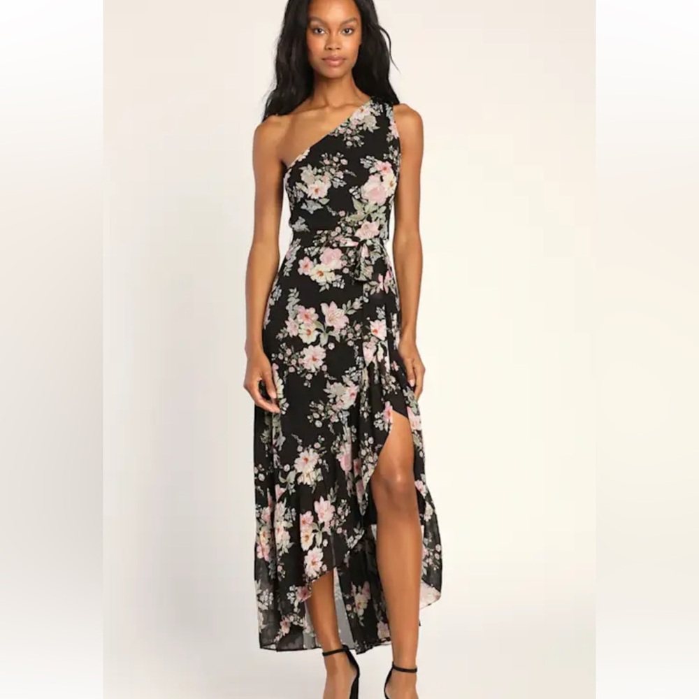 Lulus Black Floral Print One-Shoulder High-Low Dress